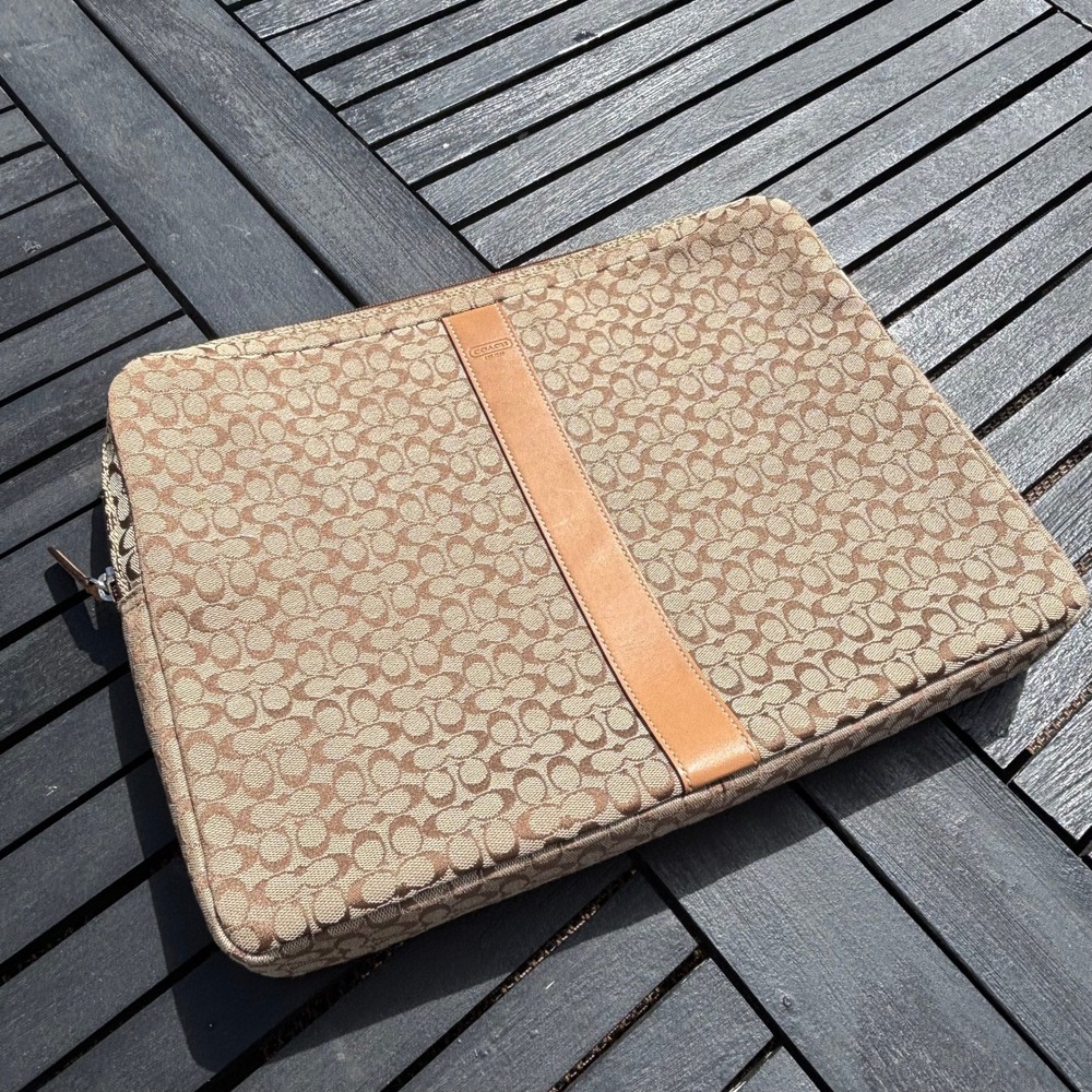 Coach Laptop Sleeve Unisex OS Khaki Brown Excellent Signature Monogram Zip